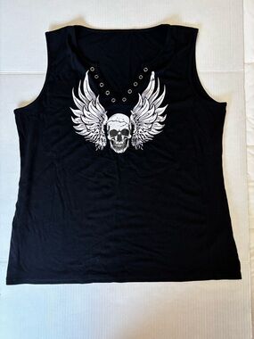 Black Sleeveless V-Neck Tank with White Winged Skull Graphic XXL